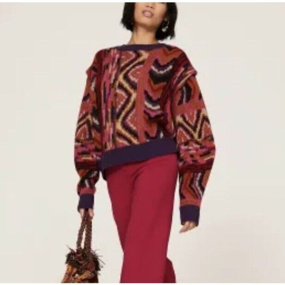 FARM RIO Sweater Womens Small Striped Patchwork Wool Blend Knit Red Purple Pink
